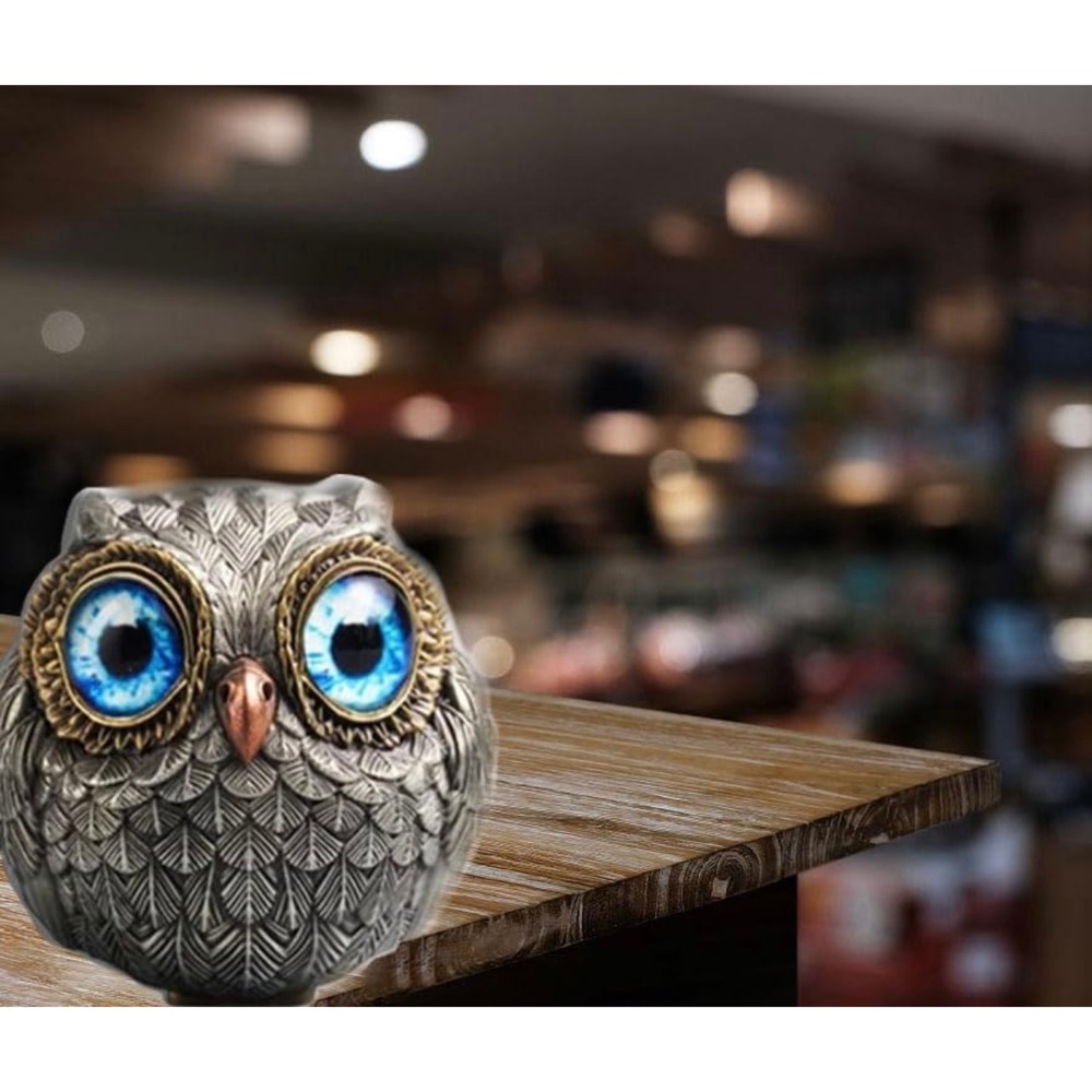 Unique Owl Figurine Blue Eyes‎ Metallic Finish Tabletop Decor Home Accent
